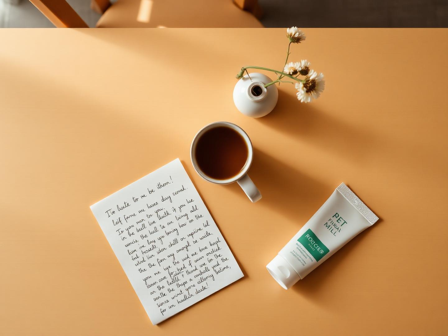 A warm kitchen table with a handwritten letter, a cup of tea, a small vase of flowers, and a tube of hand cream